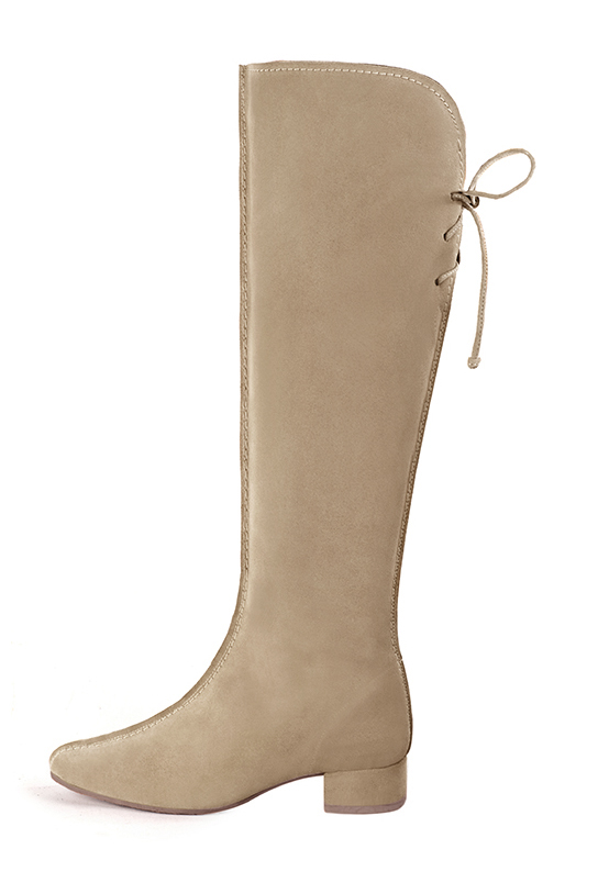 Tan beige women's knee-high boots, with laces at the back. Round toe. Low block heels. Made to measure. Profile view - Florence KOOIJMAN
